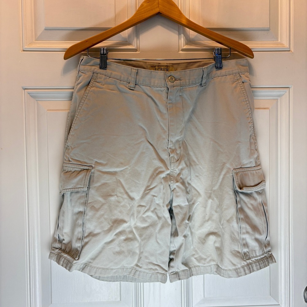J.Crew Mens Khaki Tan Cotton Twill Cargo Shorts Size 34‎ Relaxed Fit Utility 8in